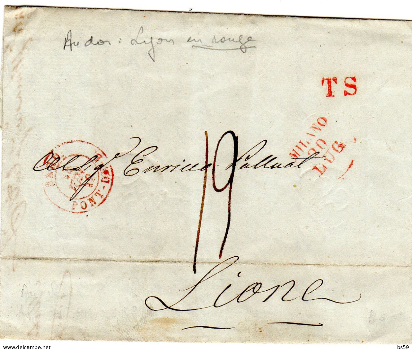 LAC (30/071849) De Milan Pour Lyon Cachet D'entrée (en Rouge) Réf Noël1082 SARD PONT-DE-B. - ...-1850 Préphilatélie