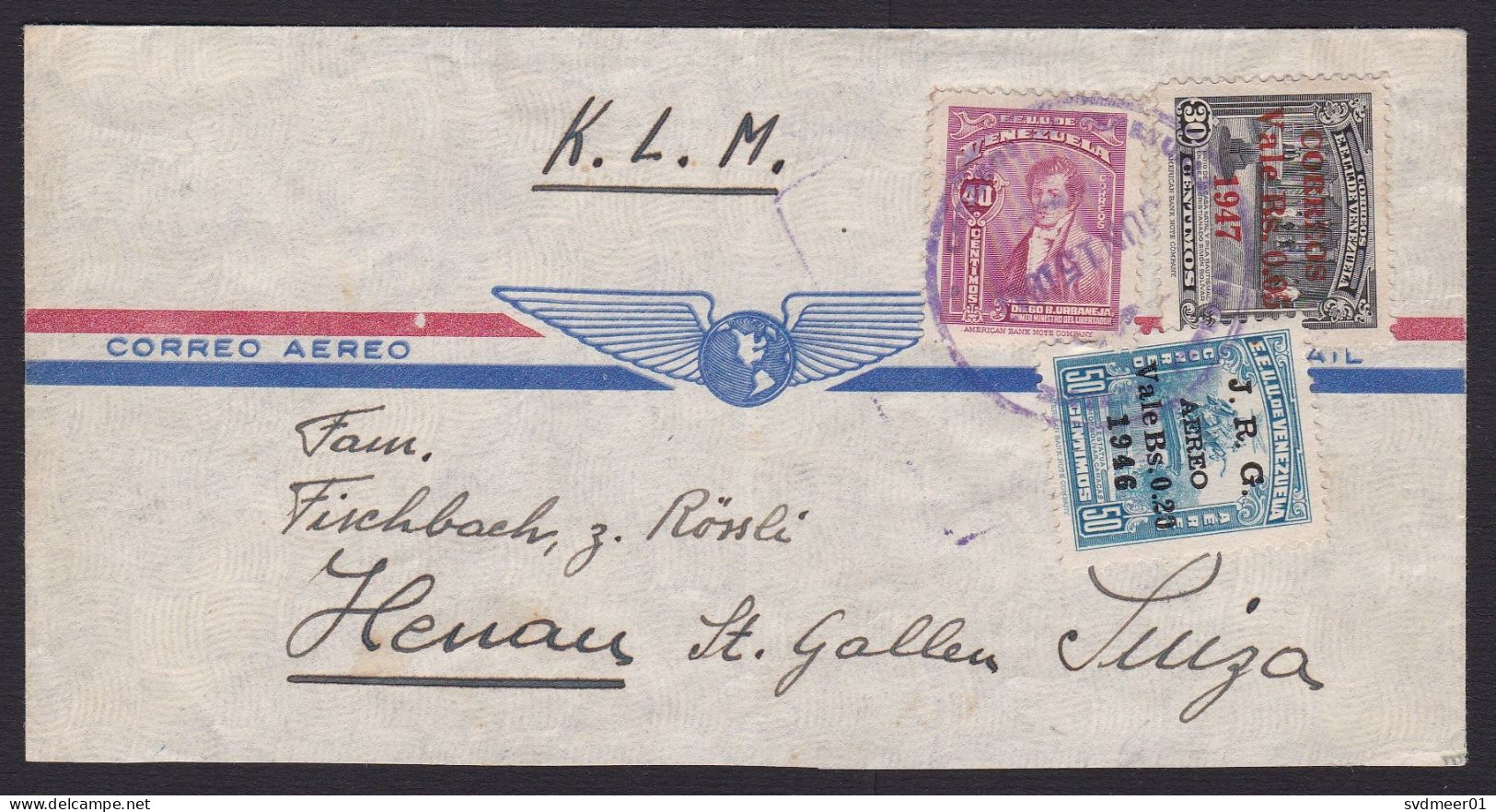 Venezuela: Airmail Cover To Switzerland, 1947, 3 Stamps, 2x Value Overprint, Written Via KLM Airlines (minor Fold) - Venezuela