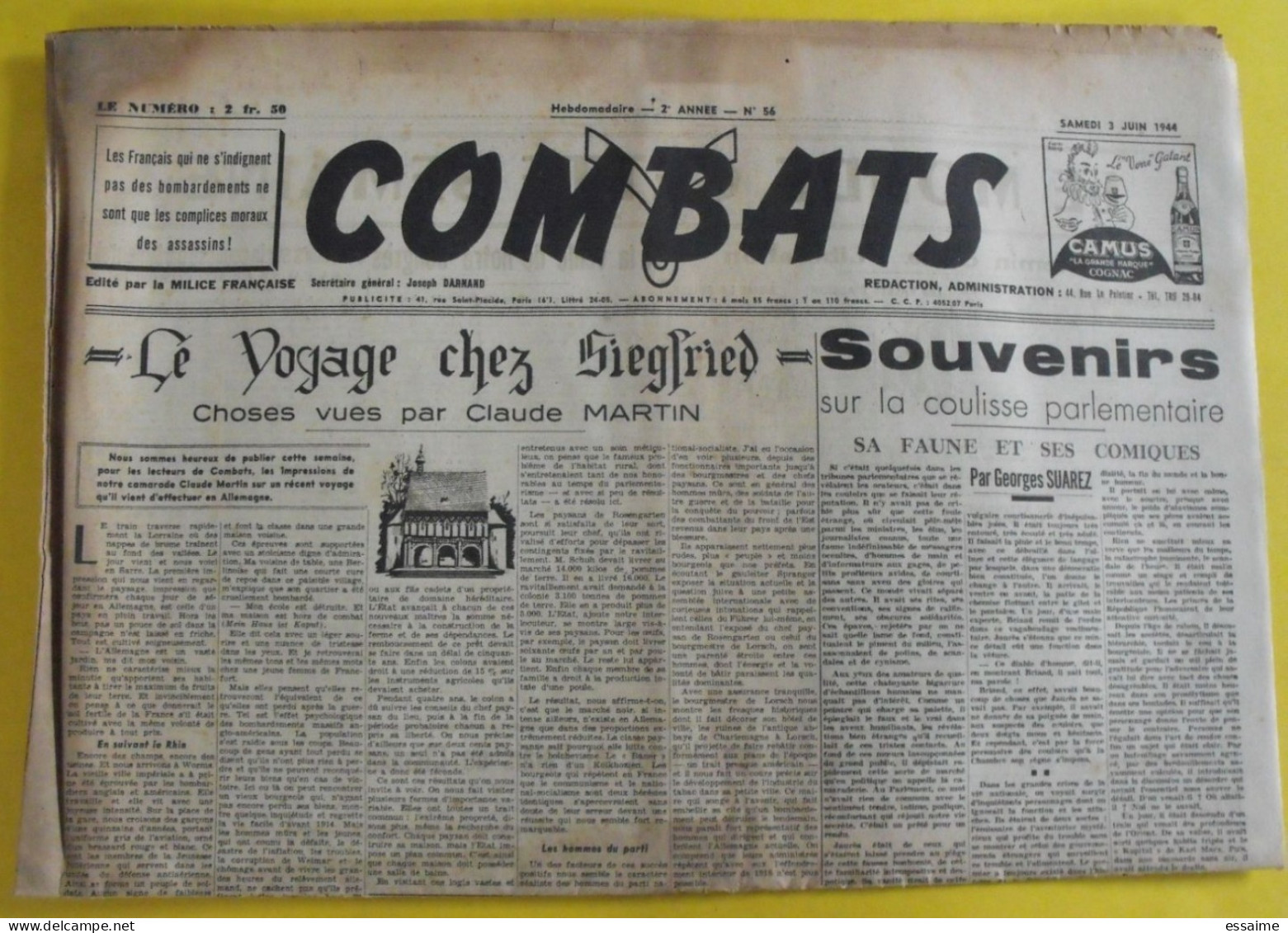 Combats N° 56 Du 3 Juin 1944. Francisme Collaboration Milice Française Claude Martin Joseph Darnand Suarez Soupault - Other & Unclassified