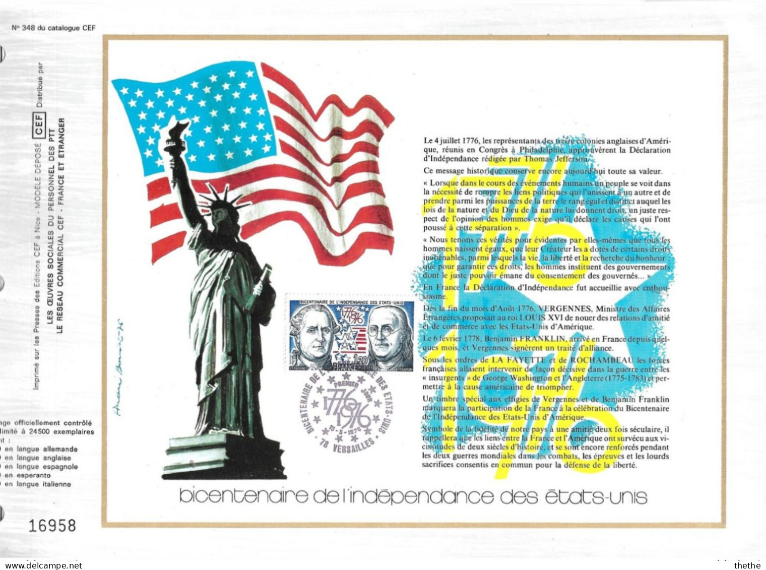 FRANCE -  FDC - Bicentenaire De L'indépendance Des Etats-Unis  - Feuillet N° 348 Du Catalogue CEF - 1970-1979