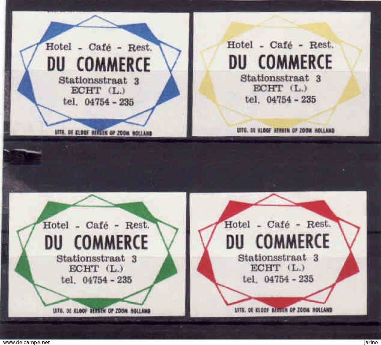 4 Dutch Matchbox Labels, ECHT - Limburg, Hotel Café Restaurant DU COMMERCE, Holland, Netherlands - Matchbox Labels