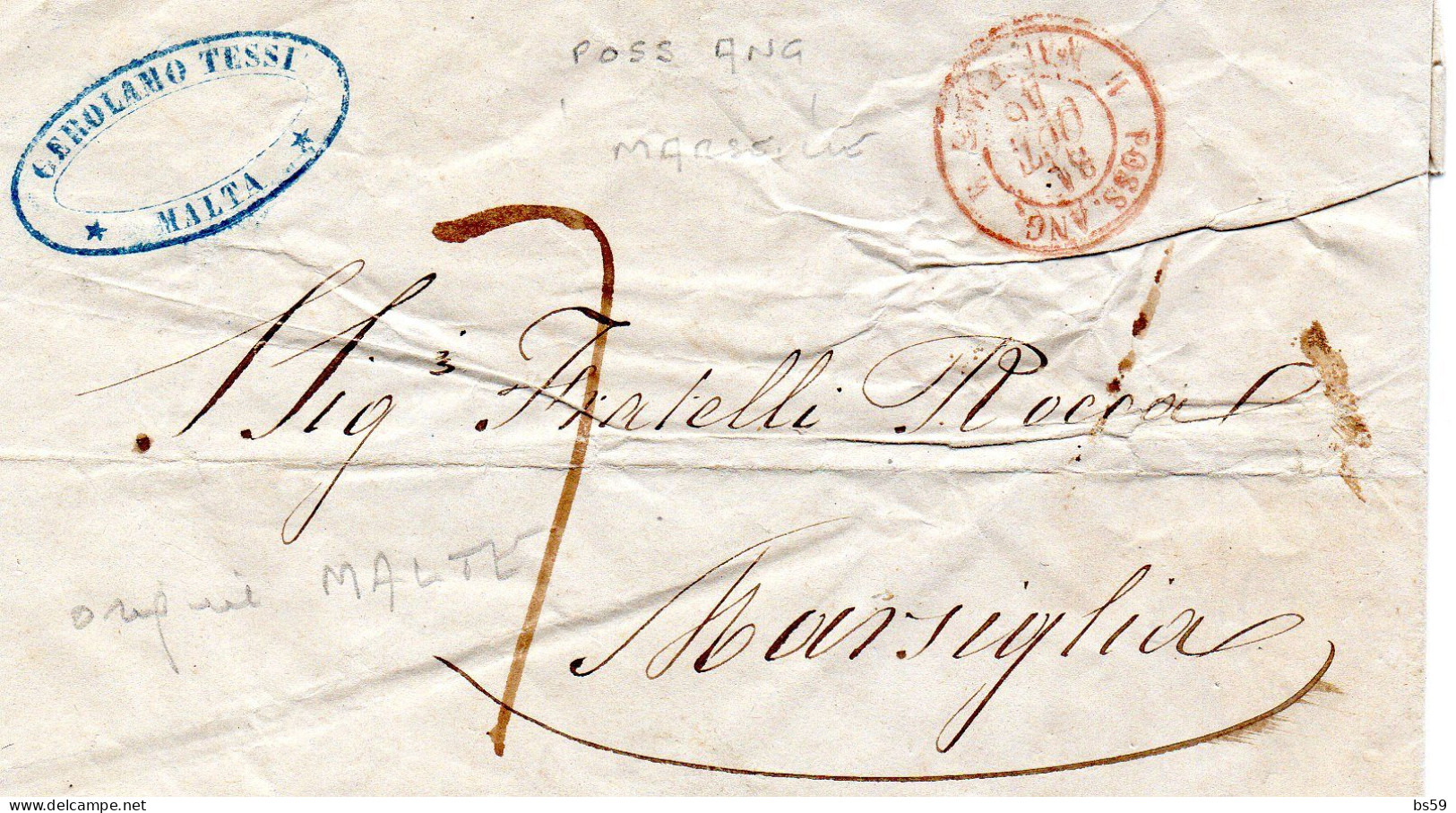 LAC (27/10/1846) De Malte Pour Marseille Cachet D'entrée Maritime (en Rouge) POSS.ANGL MARSEILLE - Malte