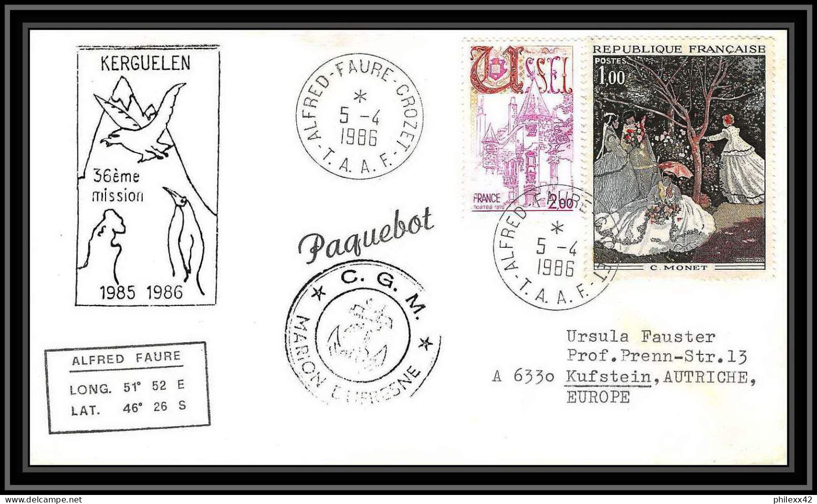 0974 Taaf Terres Australes Antarctic Lettre (cover) Jour De L'an 1986 36ème Mission - Brieven En Documenten