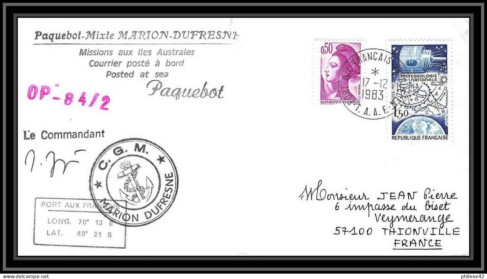 0750 Taaf Terres Australes Antarctic Lettre (cover) 17/12/1983 Divers Dufresne Signé Signed Paquebot  - Covers & Documents