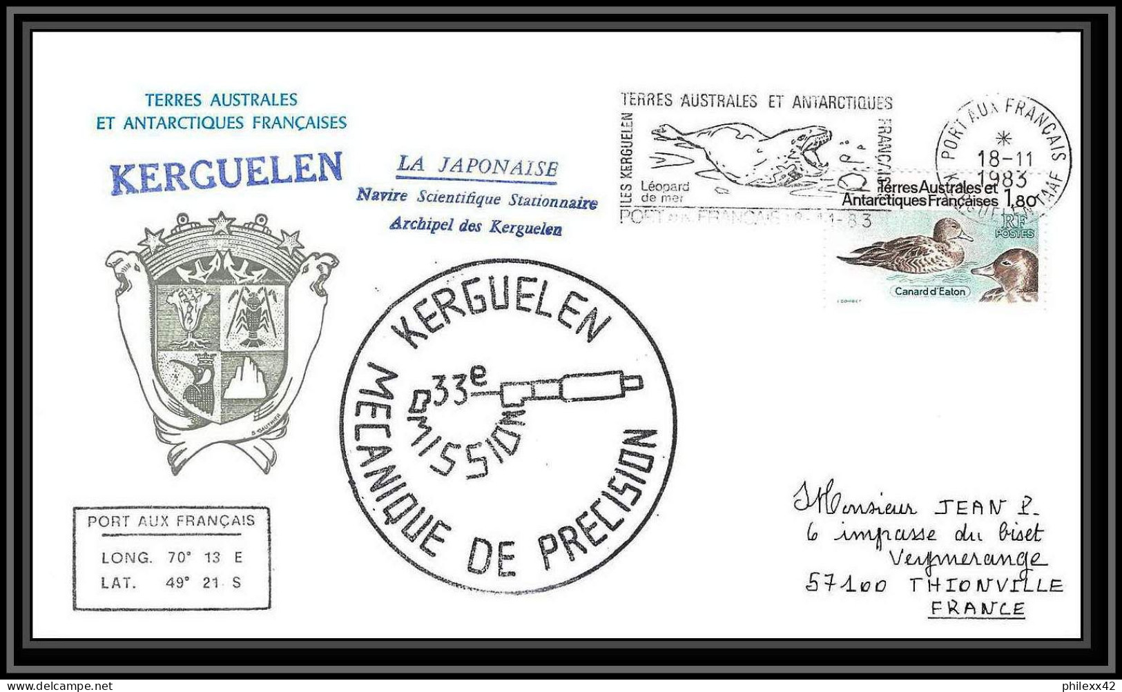 0723 Taaf Terres Australes Antarctic Lettre (cover) 18/11/1983 MECANIQUE DE PRECISION La Japonaise - Covers & Documents