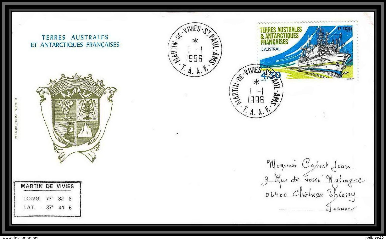 0500 Taaf Terres Australes Antarctic Lettre (cover) 01/01/1996 N° 208 L'Austral BATEAU - Brieven En Documenten