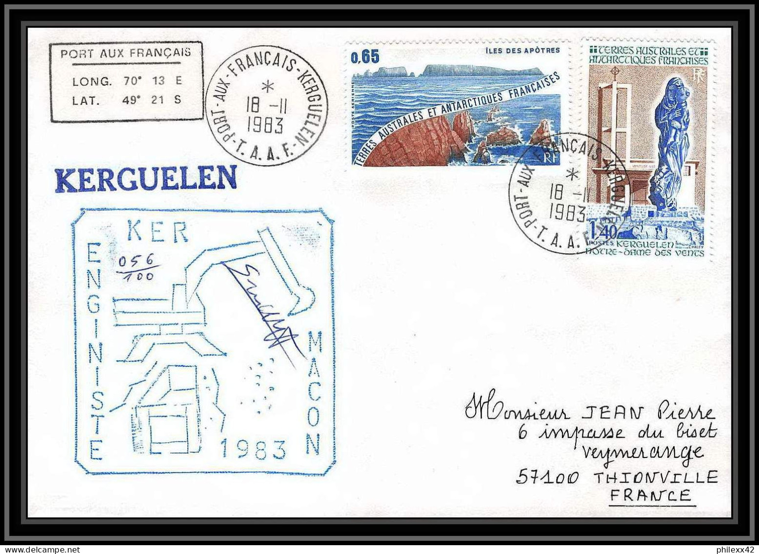 0730 Taaf Terres Australes Antarctic Lettre (cover) 18/11/1983 ENGINISTE KER MACON Chef Cuisine - Covers & Documents