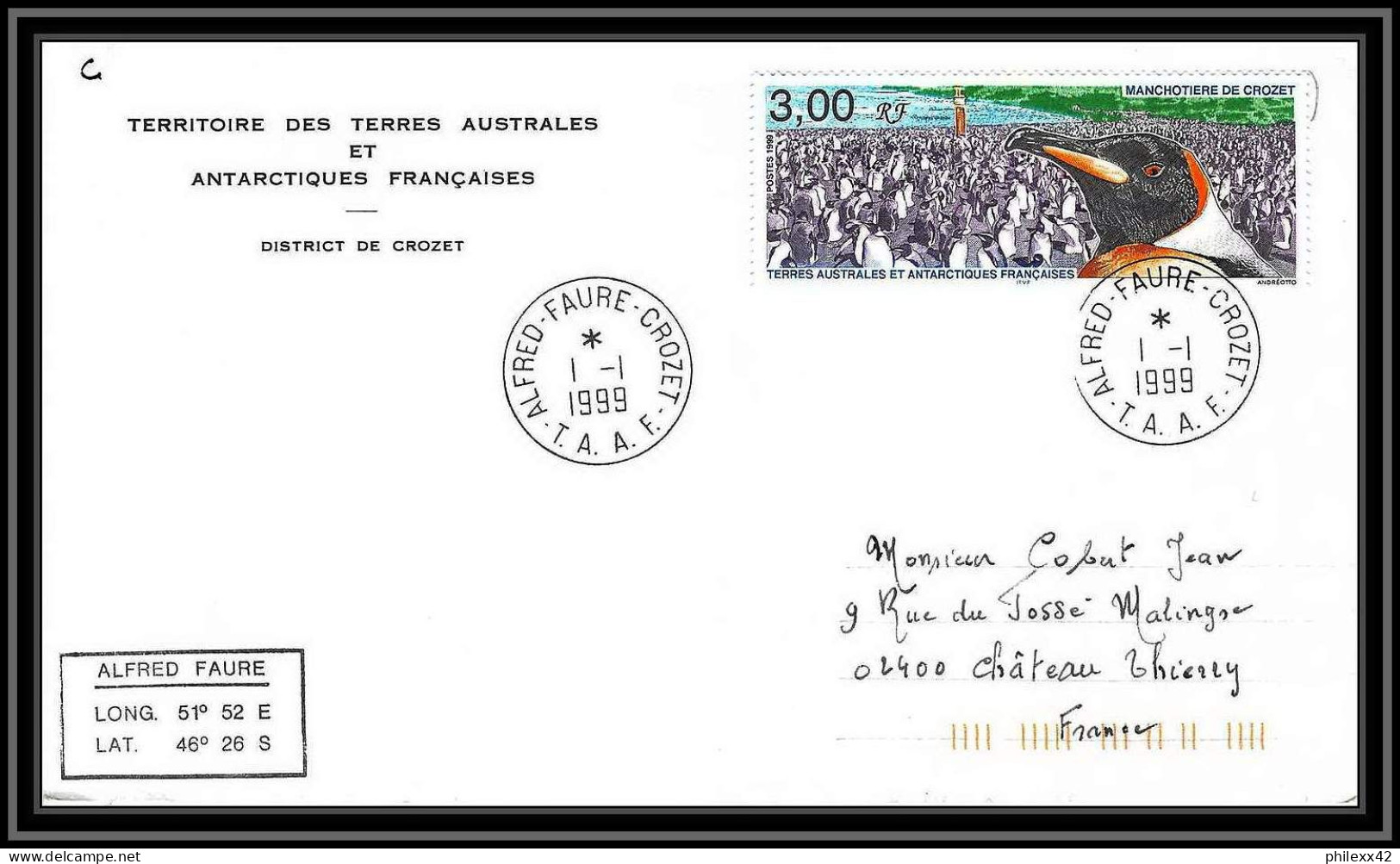 0516 Taaf Terres Australes Antarctic Lettre (cover) 01/01/1999 N° 237 Manchotière De Crozet - Brieven En Documenten