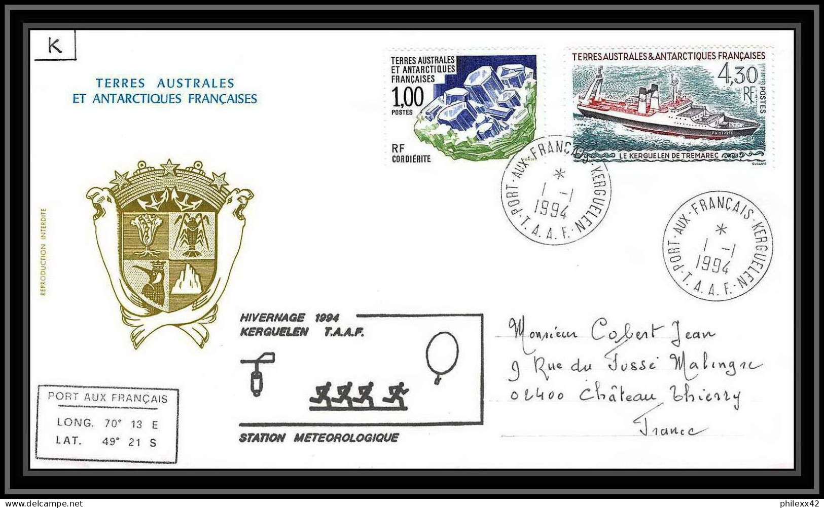 0428 Taaf Terres Australes Antarctic Lettre (cover) 01/01/1994 N° 191 Le Kerguelen De Trémarec BATEAU - Covers & Documents