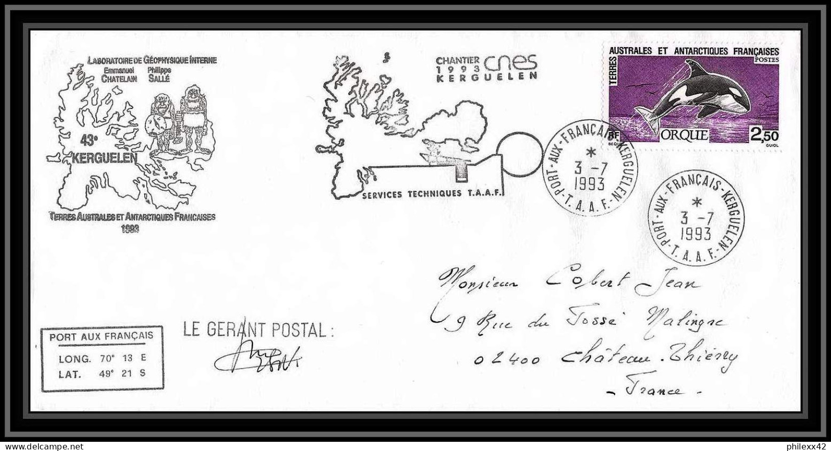 0402 Taaf Terres Australes Antarctic Lettre (cover) 03/07/1993 N° 177 Faune Orque Signé Signed - Brieven En Documenten