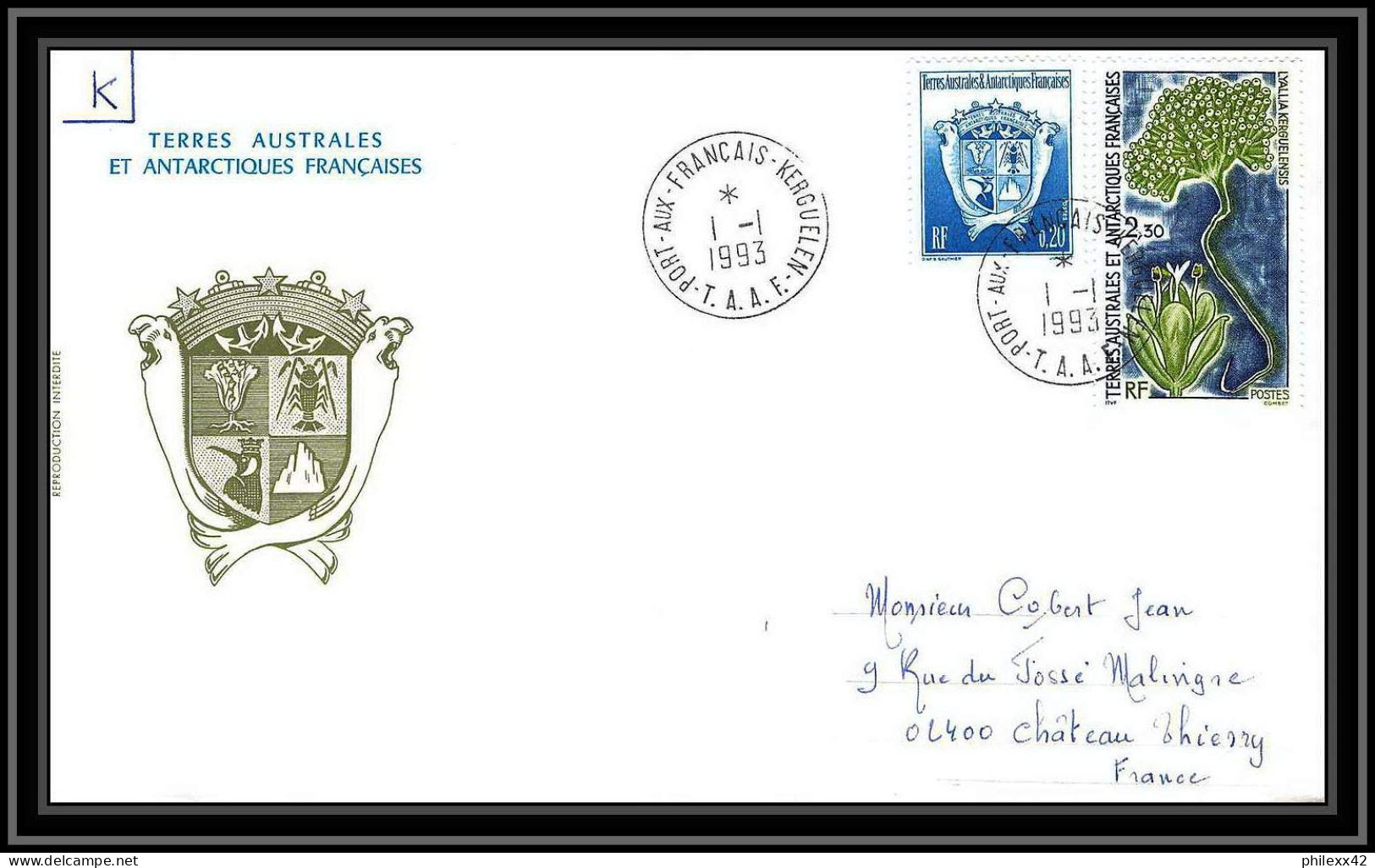 0413 Taaf Terres Australes Antarctic Lettre (cover) 01/01/1993 175 Flore Lyalla Kerguelensis - Covers & Documents