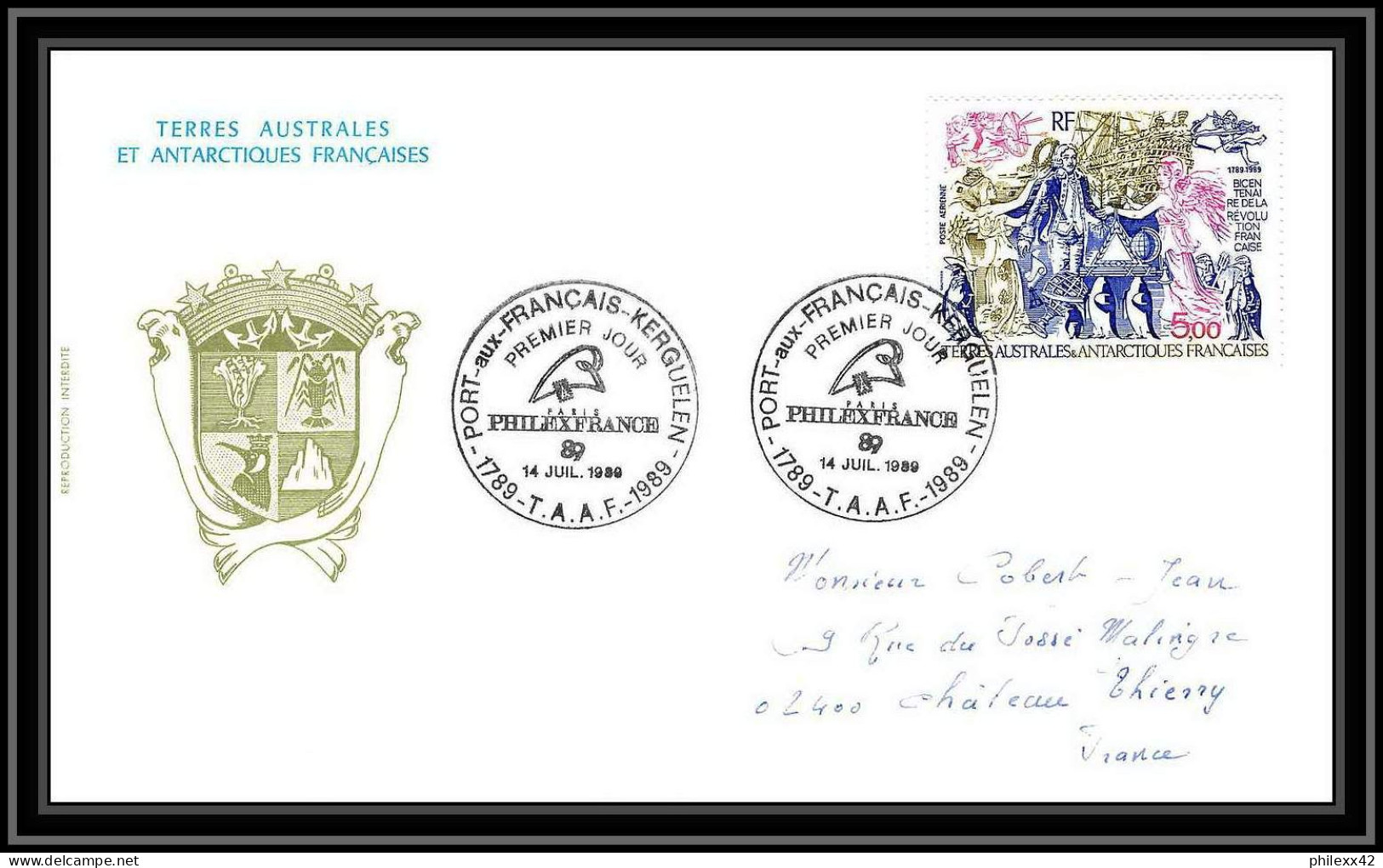 0318 Taaf Terres Australes Antarctic Lettre (cover) 14/07/1989 PA 107 Bicentenaire De La Révolution Française  - Covers & Documents