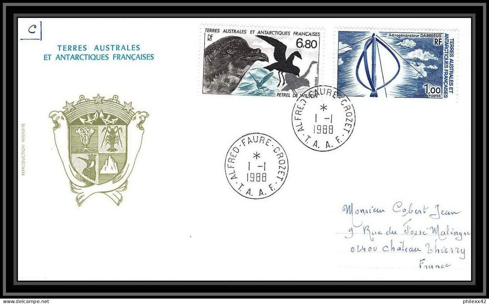 0309 Taaf Terres Australes Antarctic Lettre (cover) 01/01/1988 N° 132 + 130 Pétrel De Wilson Source D'énergie Nouvelle - Covers & Documents