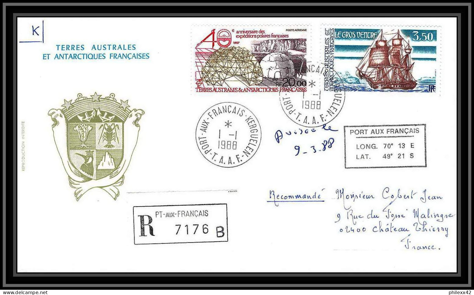 0307 Taaf Terres Australes Antarctic Lettre (cover) 01/01/1988 N° 135 + PA102 Navires Le Gros Ventre Recommandé - Covers & Documents