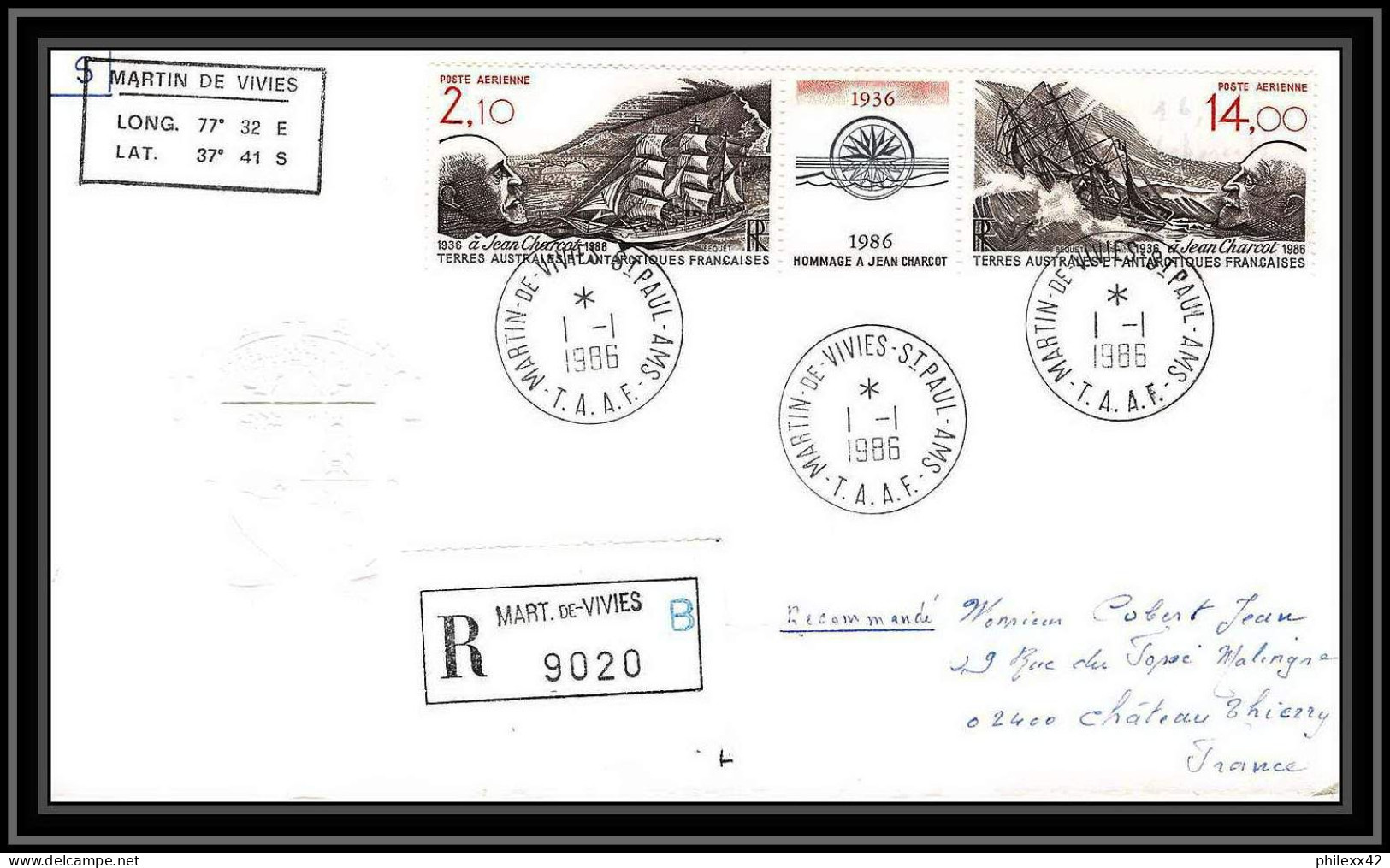 0264 Taaf Terres Australes Antarctic Lettre (cover) 01/01/1986 PA N° 94A BATEAU A VOILE CHARCOT Recommandé - Covers & Documents
