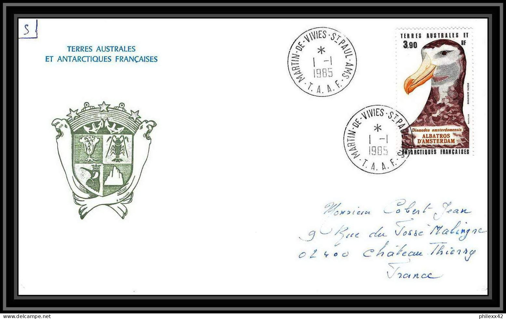 0229 Taaf Terres Australes Antarctic Lettre (cover) 01/01/1985 PA 87 FAUNE OISEAU  - Covers & Documents