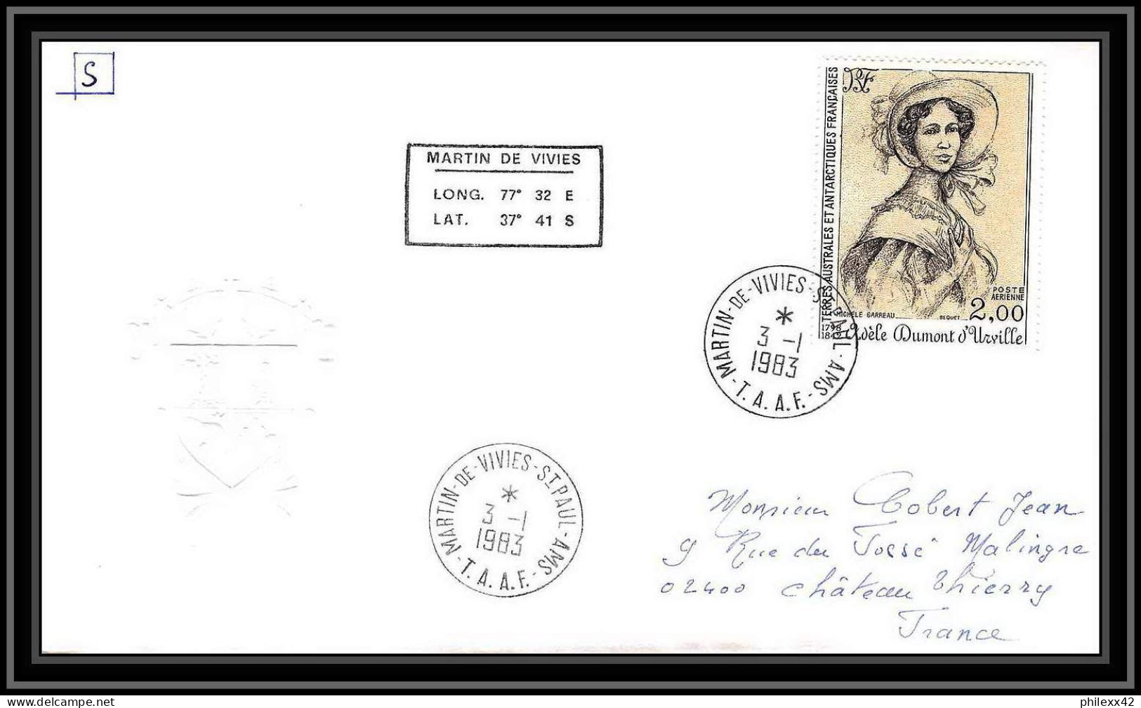 0194 Taaf Terres Australes Antarctic Lettre (cover) 03/01/1983 N° 68 BUSTE DE MICHELE GARREAU - Covers & Documents