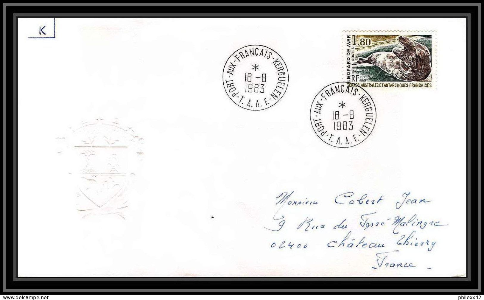 0185 Taaf Terres Australes Antarctic Lettre (cover) 18/08/1983 FAUNE LEOPARD DE MER - Covers & Documents