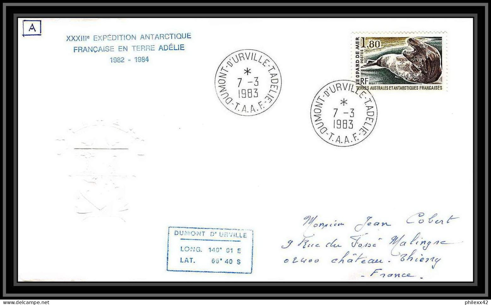 0184 Taaf Terres Australes Antarctic Lettre (cover)07/03/1983 FAUNE LEOPARD DE MER - Briefe U. Dokumente