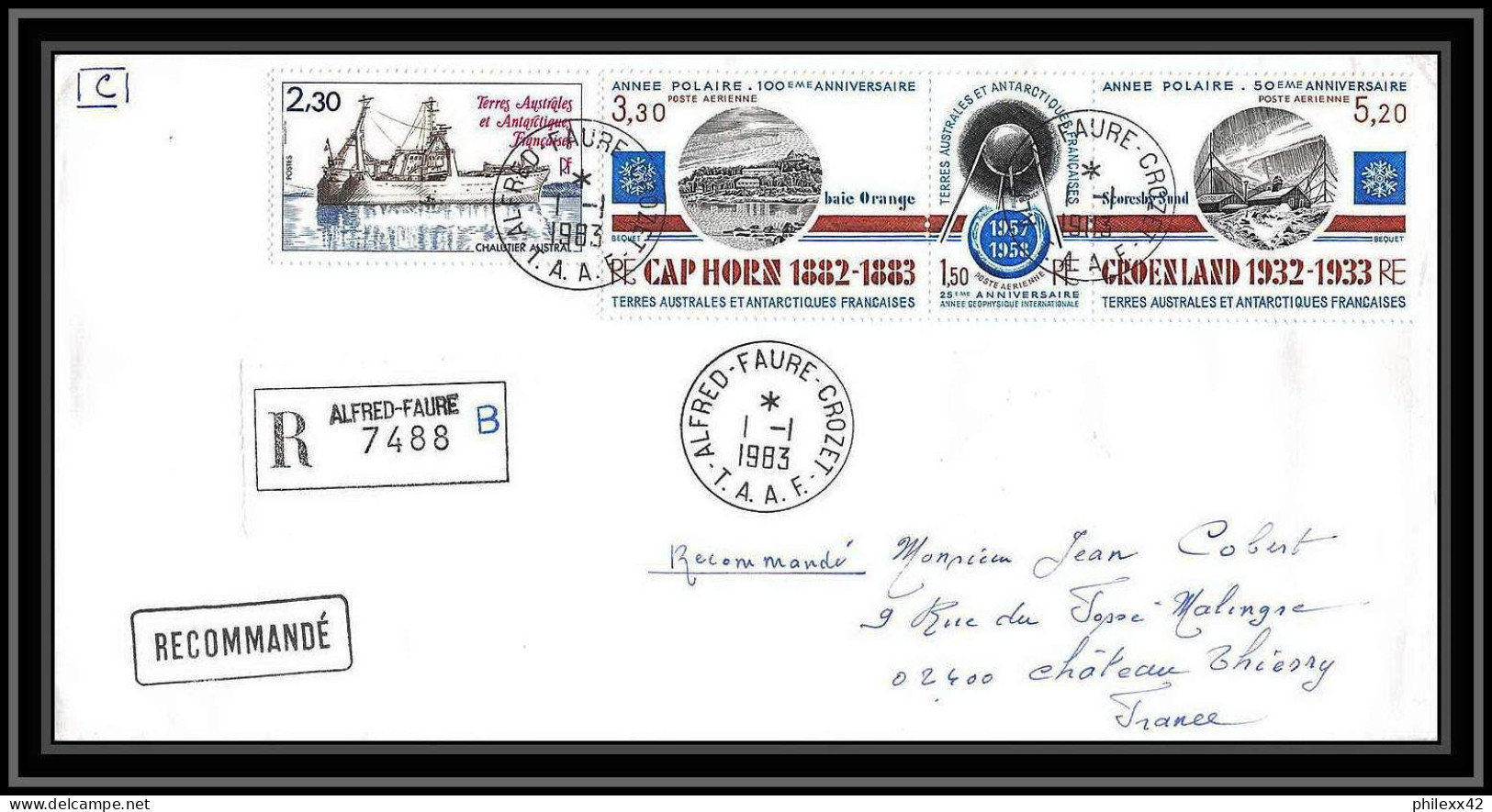 0168 Taaf Terres Australes Antarctic Lettre (cover) 01/01/1983 Alfred Faure PA 77A SPOUTNIK ANNEE POLAIRE Recommandé - Covers & Documents