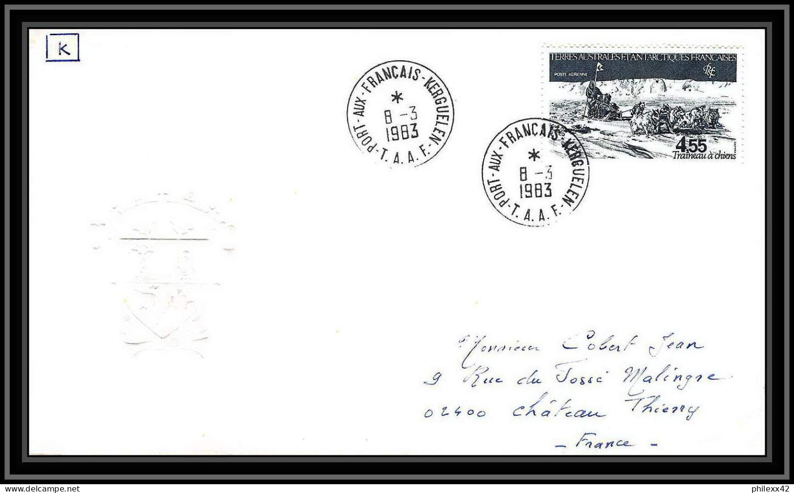 0179 Taaf Terres Australes Antarctic Lettre (cover) 08/01/1983 PA N° 178 TRAINEAU CHIEN TERRE ADELIE - Covers & Documents