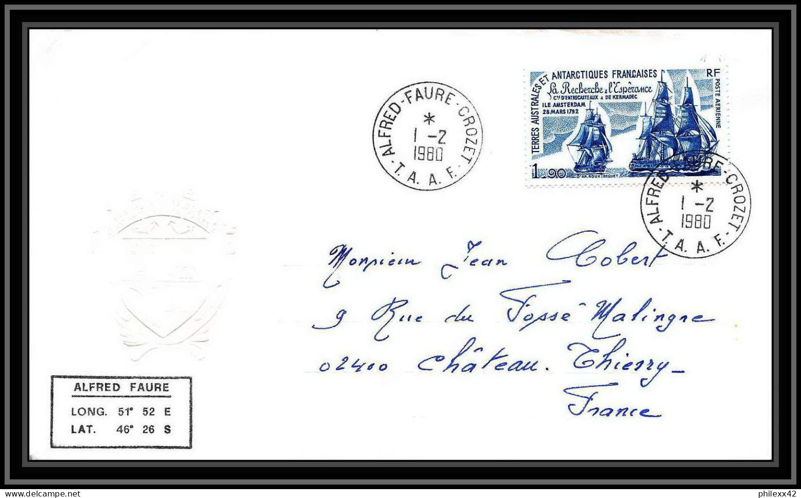 0077 Taaf Terres Australes Antarctic Lettre (cover) 01/02/1980 PA 58 Bateau (bateaux Ship Ships)  - Covers & Documents