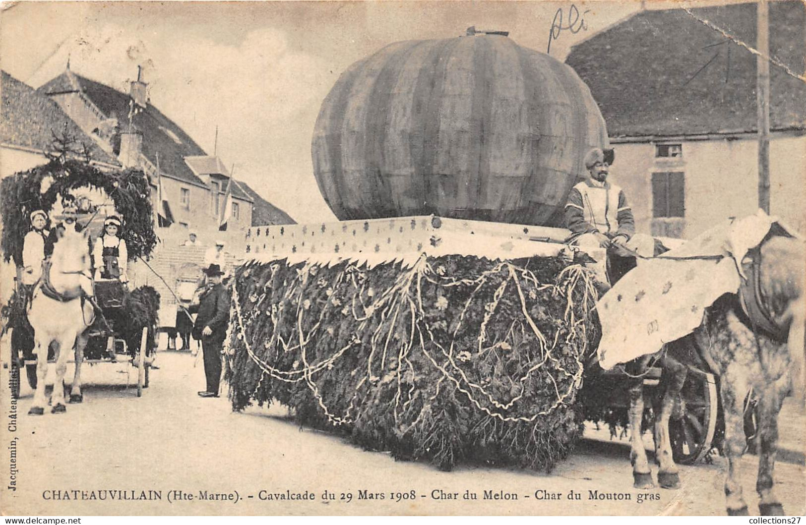 52-CHATEAUVILLAIN- CAVALCADE DU 29 MARS 1908 - CHAR DU MELON CHAR DU MOUTON GRAS - Chateauvillain