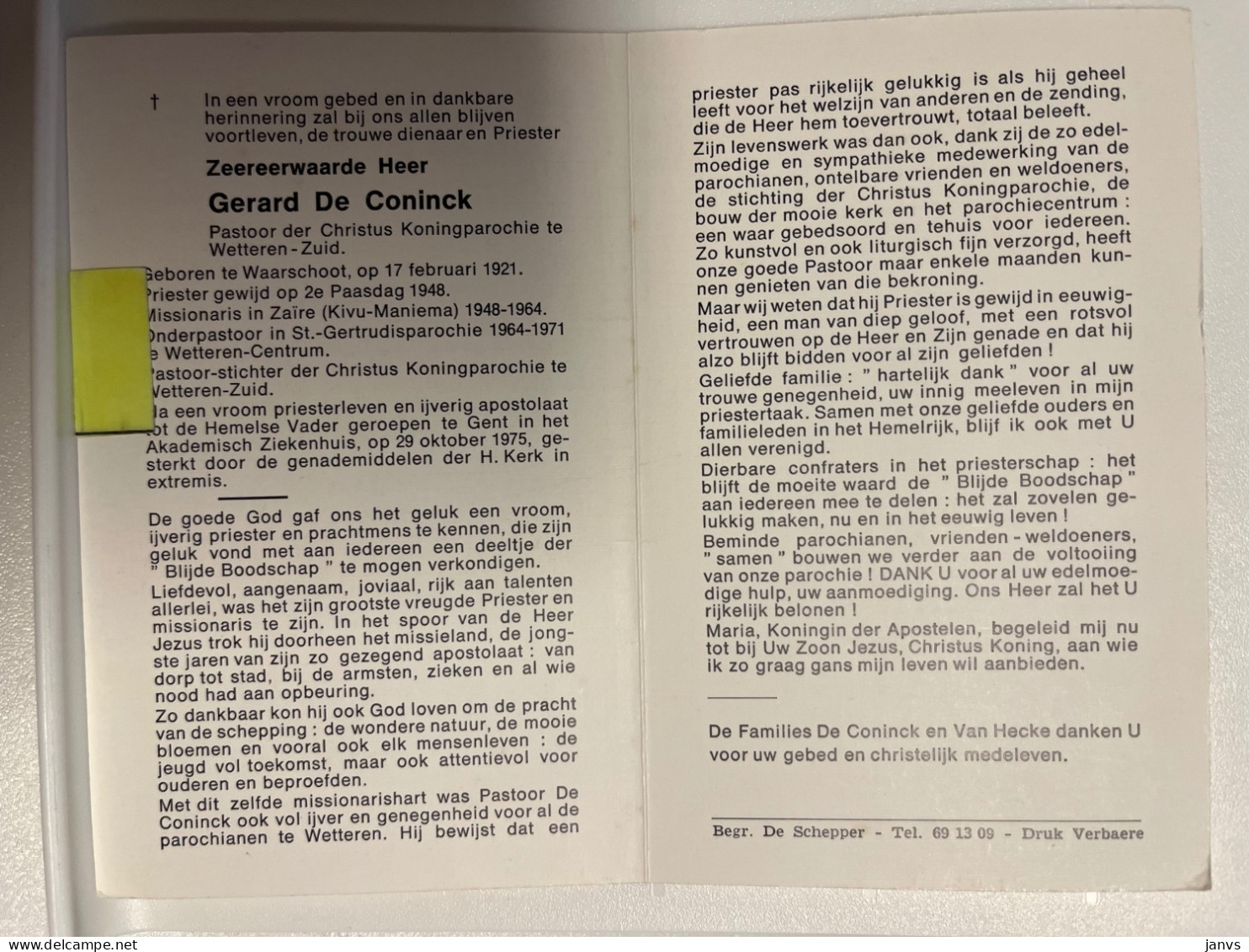 Devotie DP - Overlijden Priester Gerard De Coninck - Waarschoot 1921 - Gent 1975 - Miss Kivu, (onder)pastoor Wetteren - Avvisi Di Necrologio