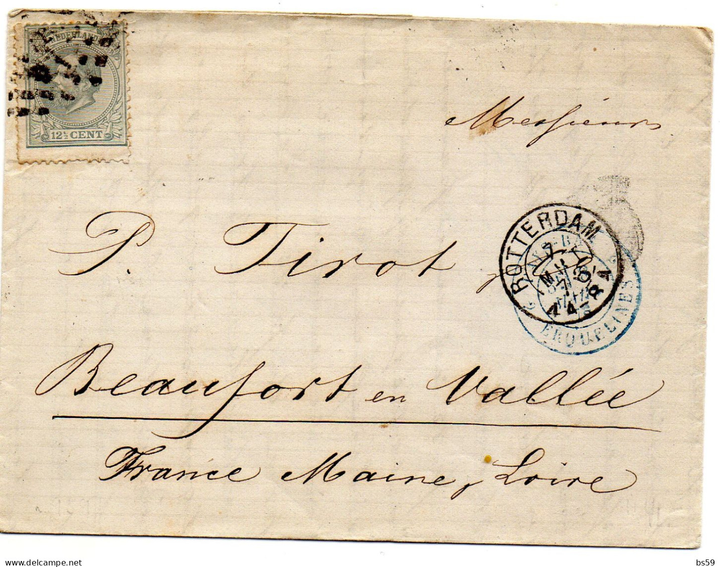 Env Sans Corr (03/1876) De Rotterdam  Cachet D'entrée (bleu) Réf Noël 959  2 PAYS-BAS 2 ERQUELINES - Poststempels/ Marcofilie