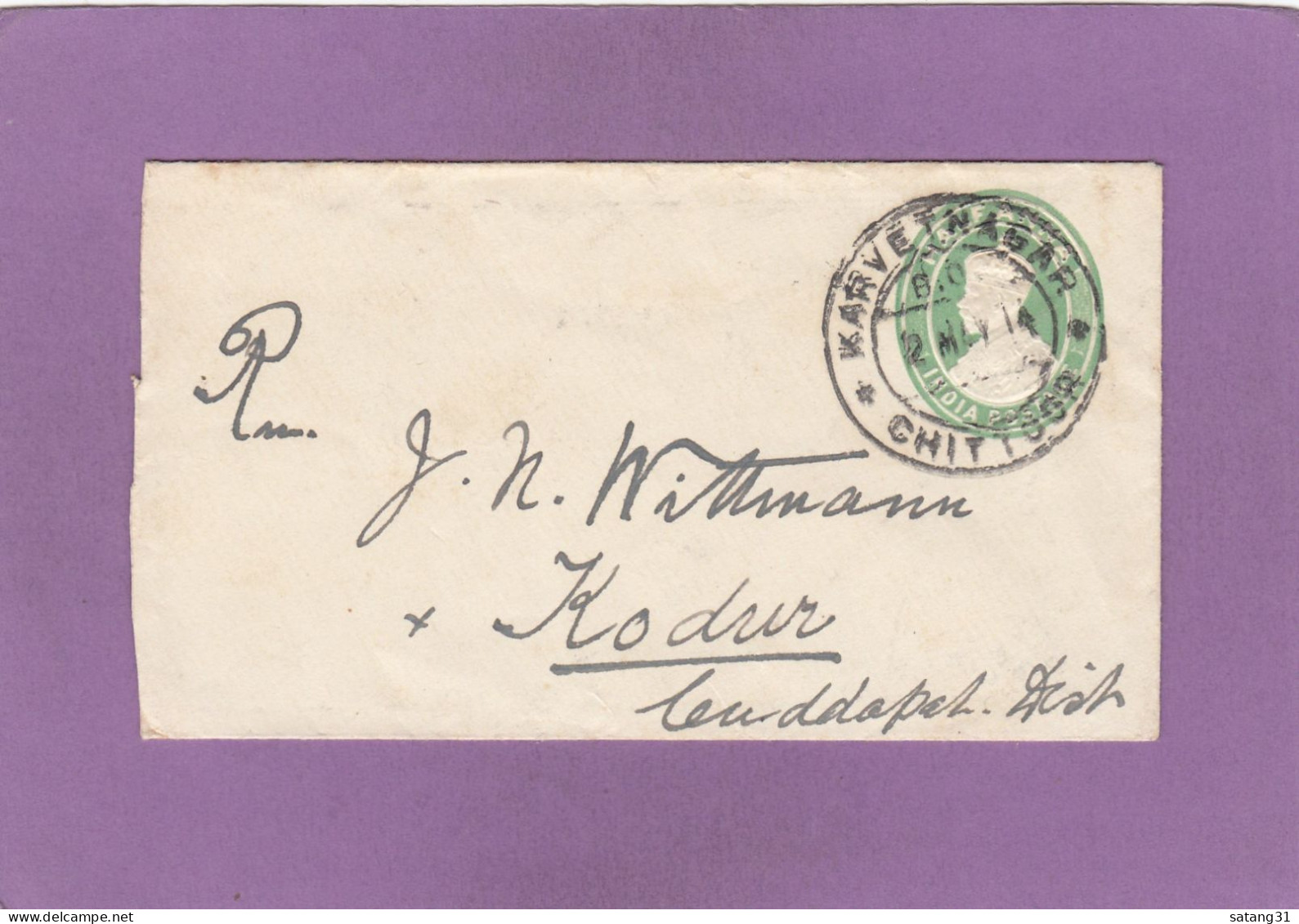 ENTIER POSTAL DE KARVETNAGAR,CHITOOR POUR KODUR,2 CACHETS AU VERSO. - 1911-35 Koning George V