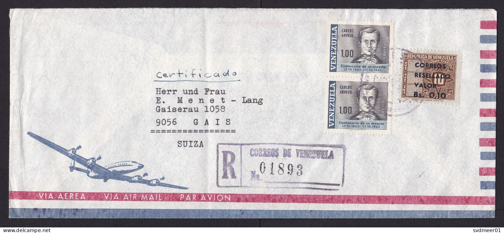 Venezuela: Registered Airmail Cover To Switzerland, 1963?, 3 Stamps, Value Overprint Over Revenue, Arvelo (minor Fold) - Venezuela