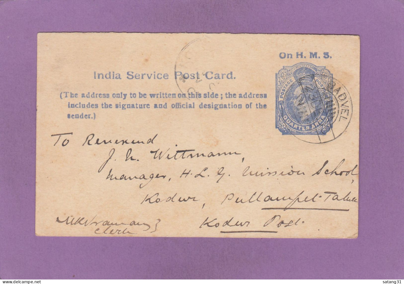 ENTIER POSTAL DE SERVICE ET DE BADVEL POUR KODUR. - 1902-11  Edward VII