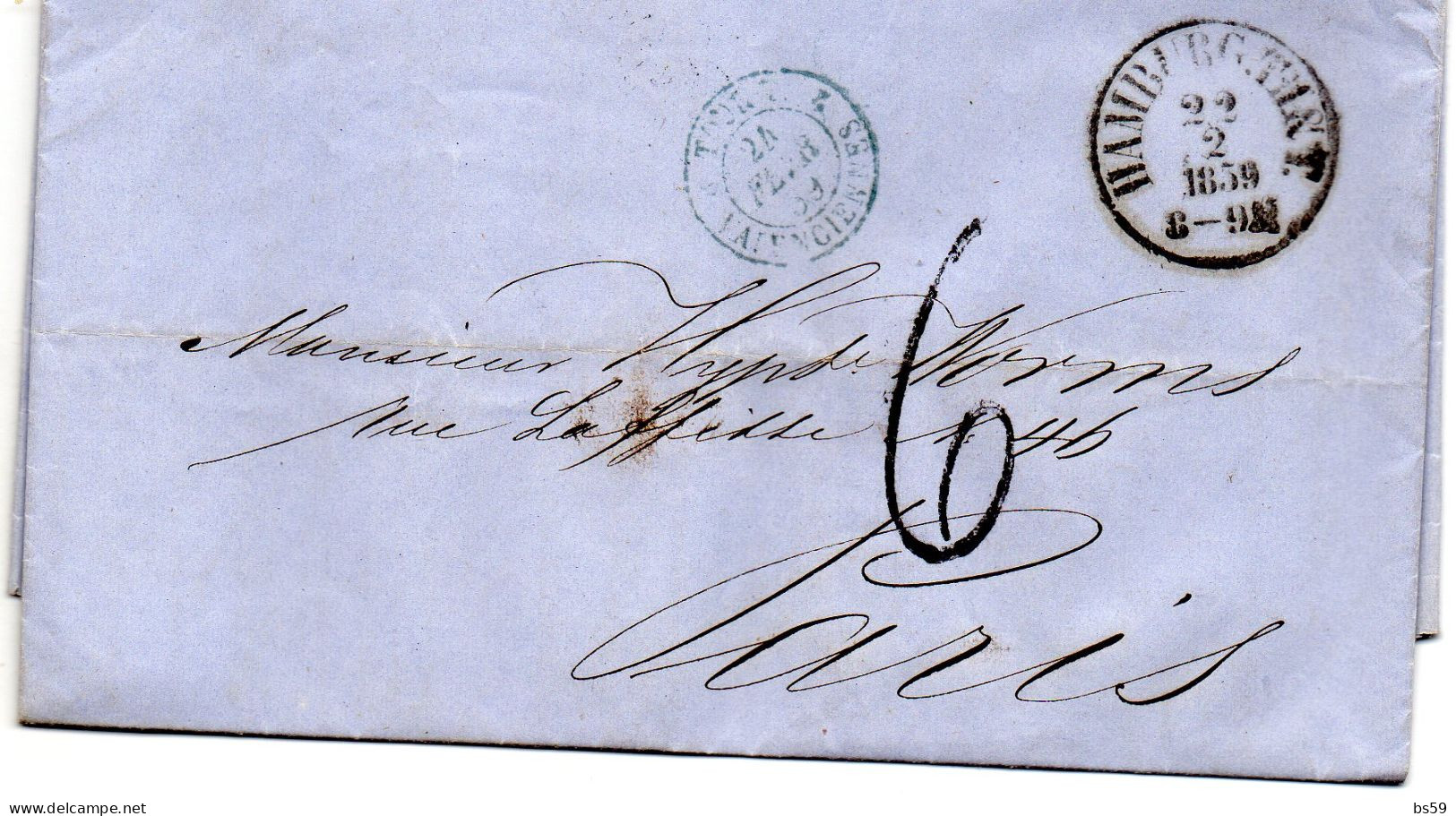 LAC (1854) De Hambourg Pour Bordeaux Cachet D'entrée Réf Noël 1311   2 TOUR.T. 2 VALENCIENNES - Hambourg