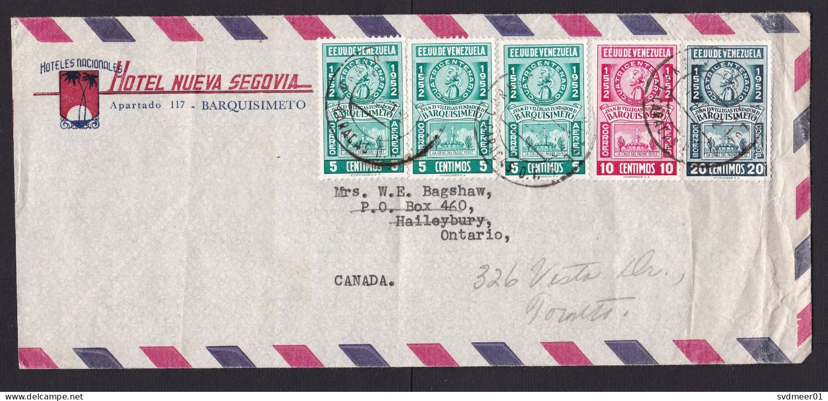 Venezuela: Airmail Cover To Canada, 1950s, 5 Stamps, History, From Hotel, Forwarded (minor Damage, Creases) - Venezuela