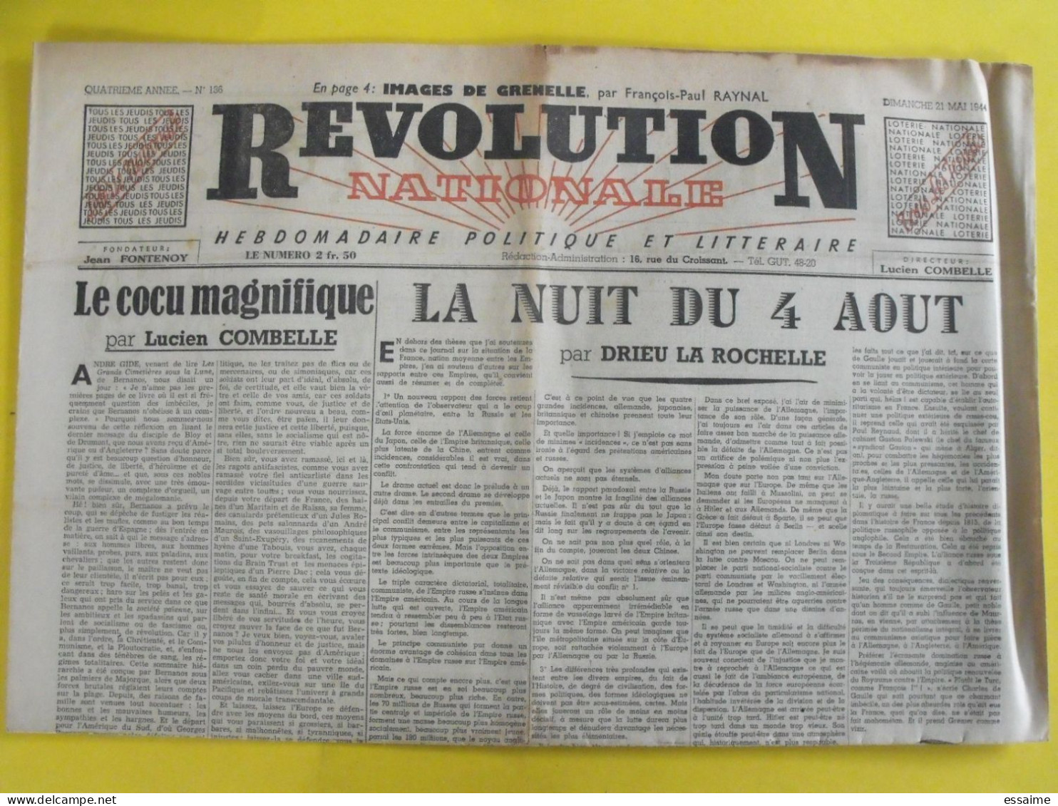 Révolution Nationale N° 136 Du 21 Mai 1944. Combelle Fontenoy Drieu La Rochelle Brasillach Raynal Collaboration - Other & Unclassified