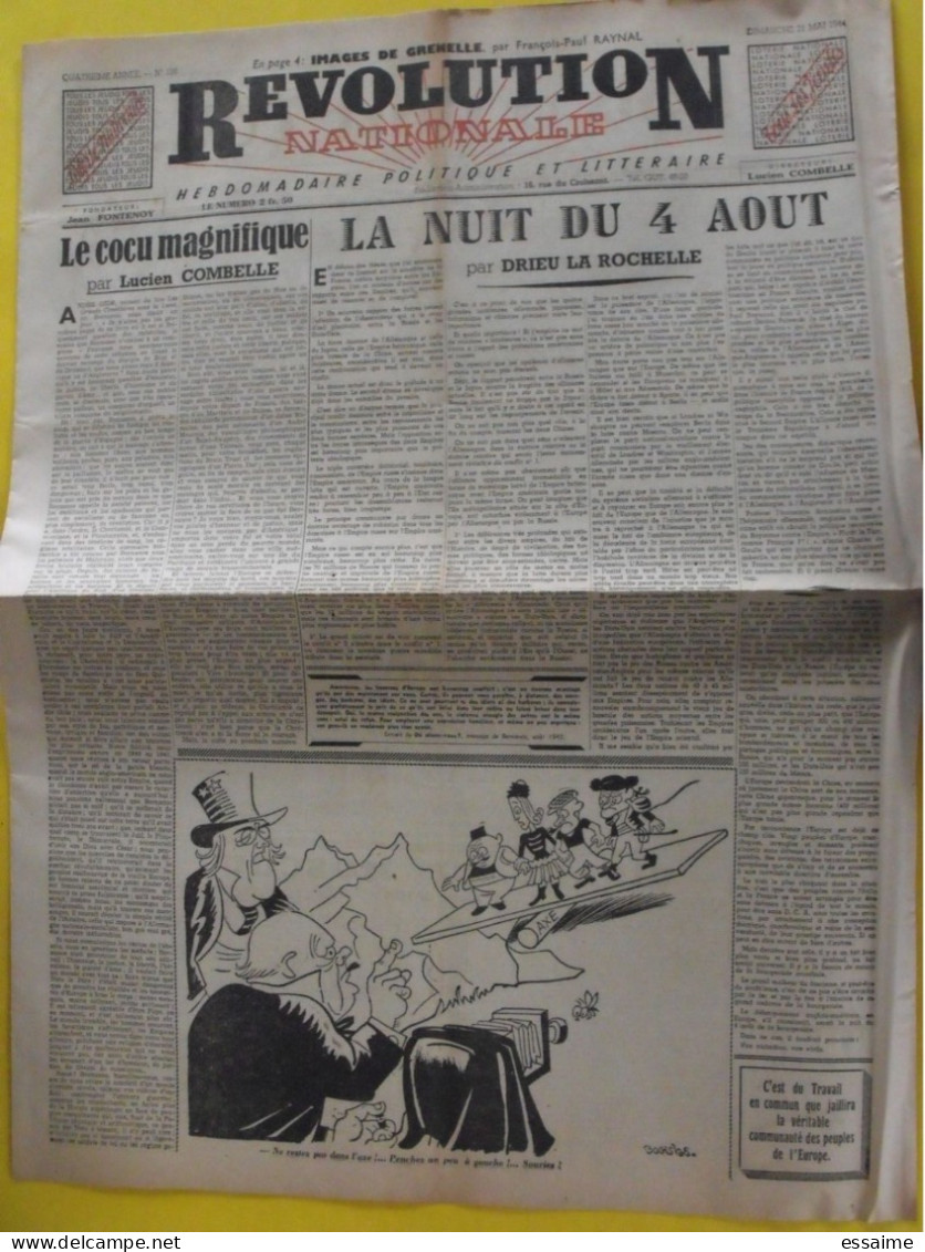 Révolution Nationale N° 136 Du 21 Mai 1944. Combelle Fontenoy Drieu La Rochelle Brasillach Raynal Collaboration - Altri & Non Classificati