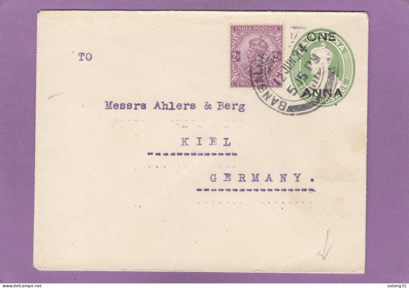 ENTIER POSTAL AVEC AFFRANCHISSEMENT COMPLEMENTAIRE DE BANGALORE POUR KIEL,ALLEMAGNE.CACHET ROUGE DE KIEL.STPL. KIEL IN R - 1911-35 Roi Georges V