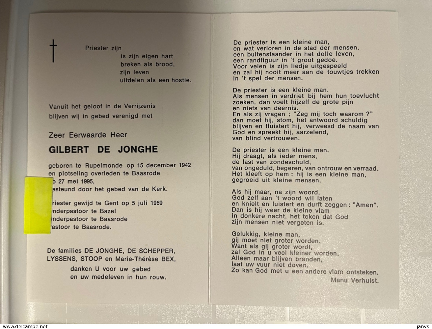 Devotie  Priester Gilbert De Jonghe - Rupelmonde 1942 - Baasrode 1995 - Gewijd Gent, (onder)pastoor Bazel & Baasrode - Avvisi Di Necrologio