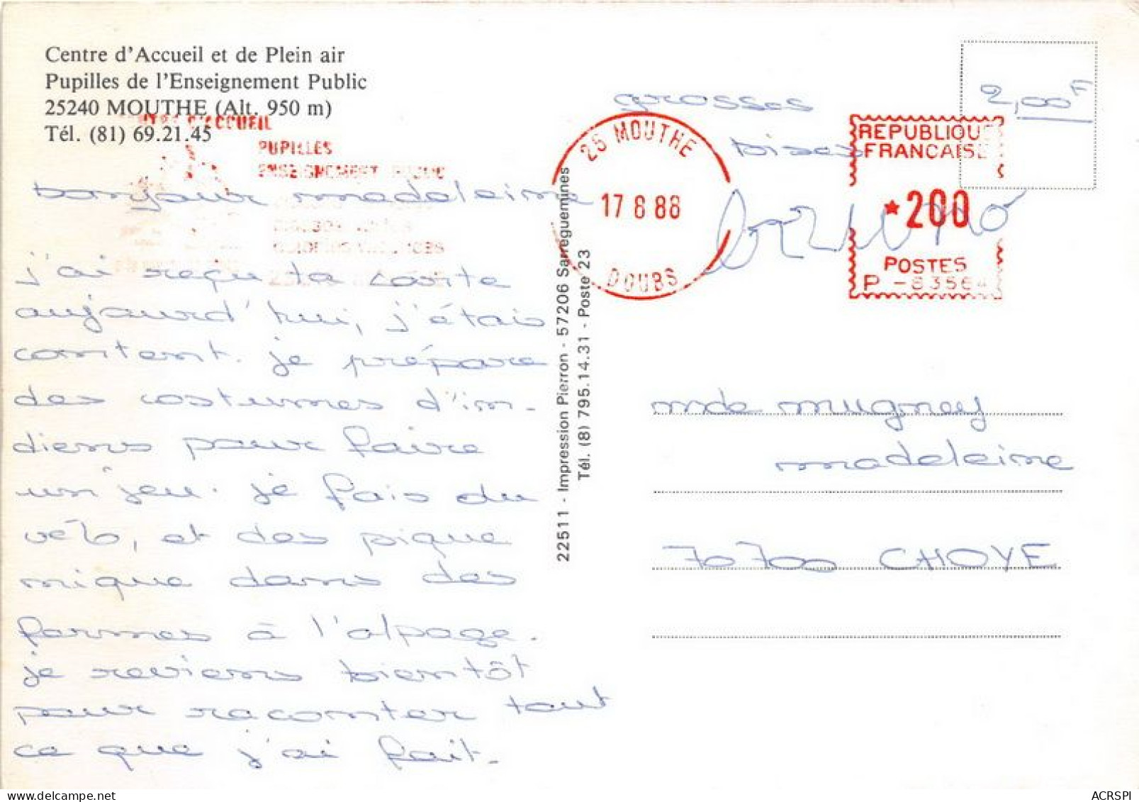 Centre D Accueil Et De Plein Air Pupille De L Enseignement Public MOUTHE 27(scan Recto-verso) MA1025 - Mouthe