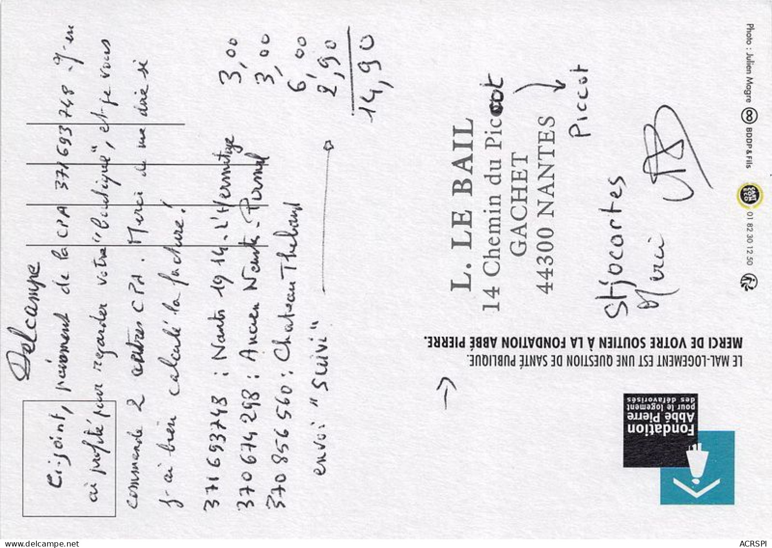 LE MAL LOGEMENT Une Question De Sante Publique Merci De Votre Soutien FONDATION ABEE PIERRE 12(scan Recto-verso) MA1020 - Advertising