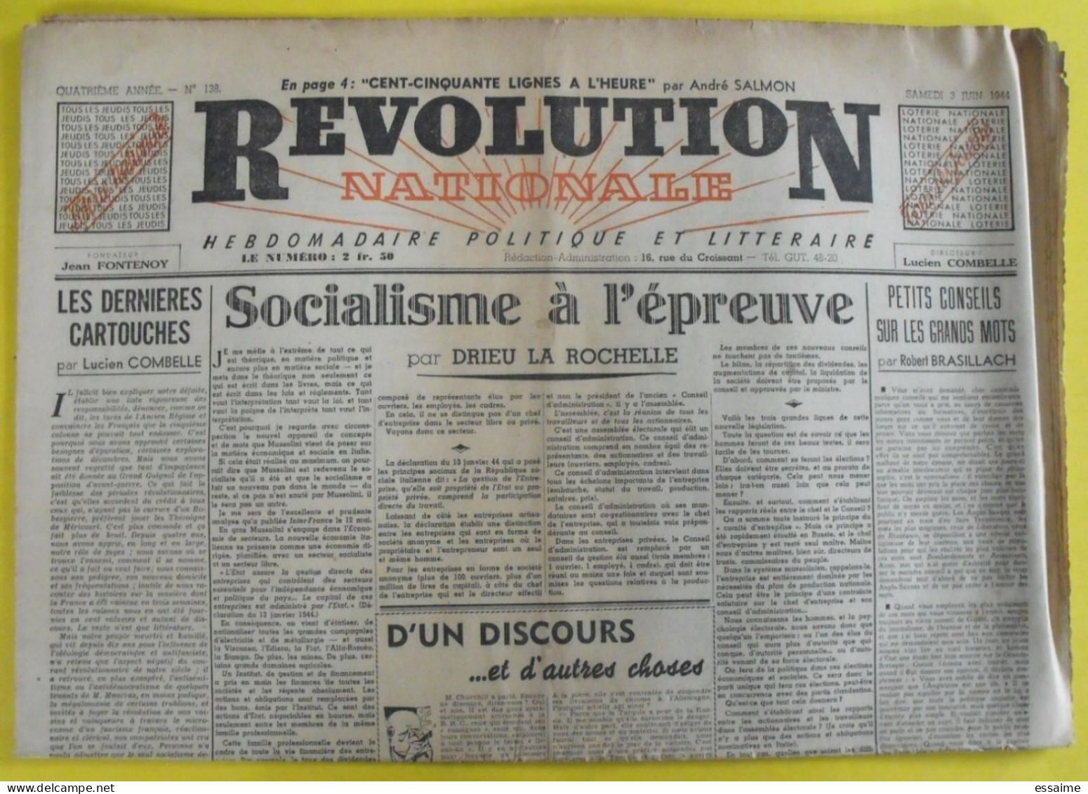 Révolution Nationale N° 138 Du 3 Juin 1944. Combelle Fontenoy Drieu La Rochelle Brasillach Raynal Collaboration - Other & Unclassified