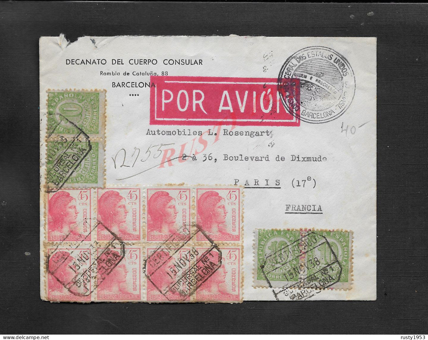 ESPAGNE BARCELONA LETTRE  COMMERCIALE 1911 SUR TIMBRE UN BLOC 8 & DE 2 CACHET CONSULAT DES ETAT UNIS CACHET PARIS : - Storia Postale