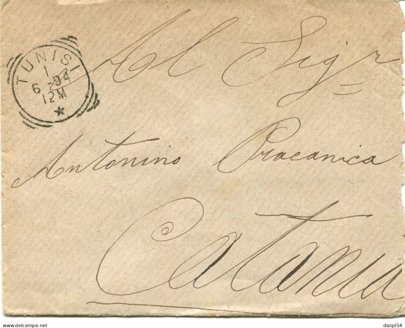 A138 - Lettera Da Tunisi A Catania Del 1-6-1894 Affr. 20c Sul Retro Con Annullo Tondo Riquadrato Di Tunisi. Raro - Poststempel