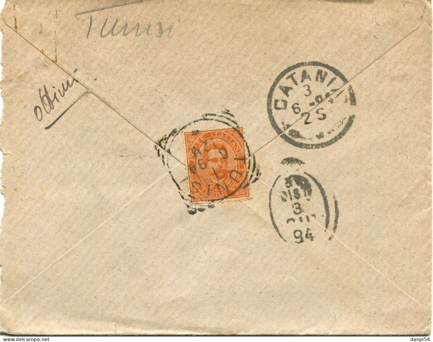 A138 - Lettera Da Tunisi A Catania Del 1-6-1894 Affr. 20c Sul Retro Con Annullo Tondo Riquadrato Di Tunisi. Raro - Poststempel