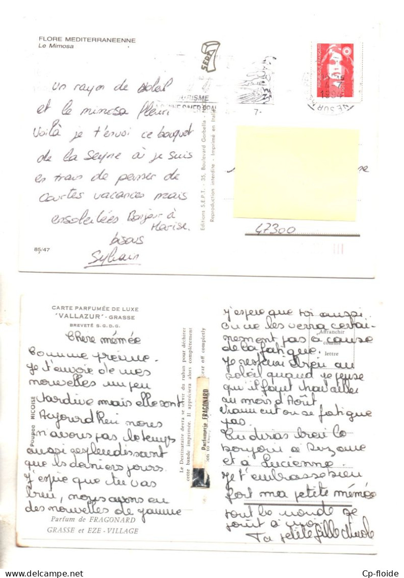 RÉGION CÔTE D'AZUR . " LE MIMOSA " & " CARTE PARFUMÉE DE LUXE, PARFUMERIE FRAGONARD " . 2 CPM - Réf. N°38889 - - Provence-Alpes-Côte D'Azur