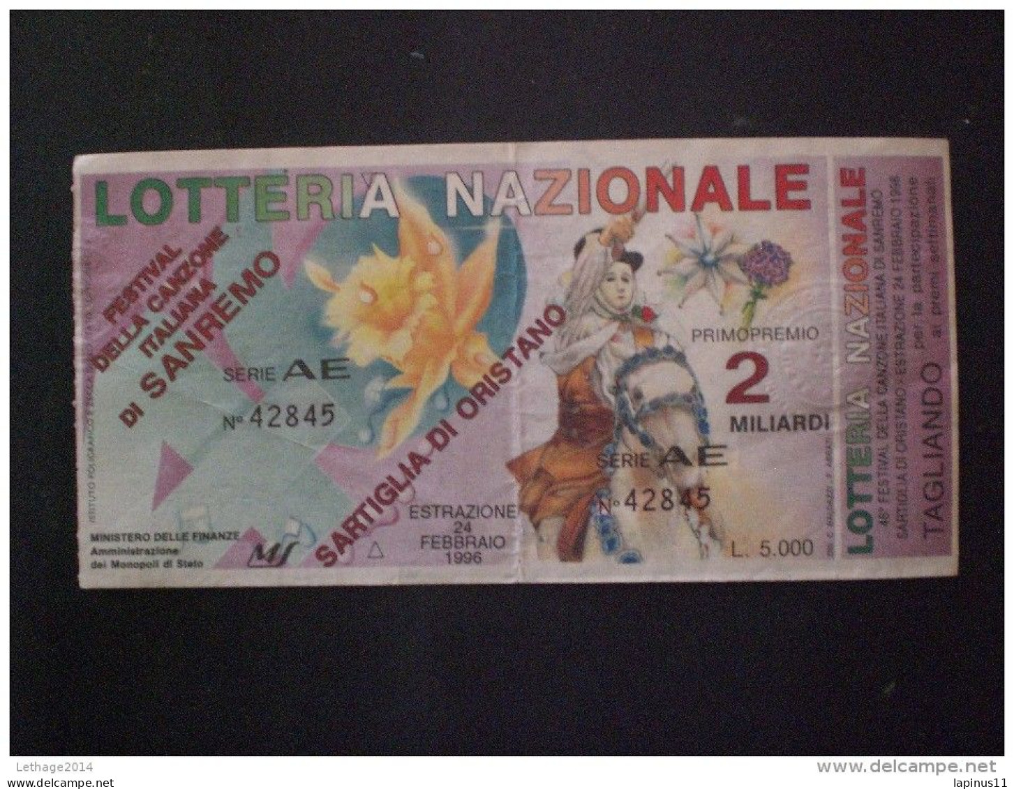 BIGLIETTO LOTTERIA NAZIONALE ITALIA 1996 FESTIVAL DI SANREMO RARO ! - Lotterielose