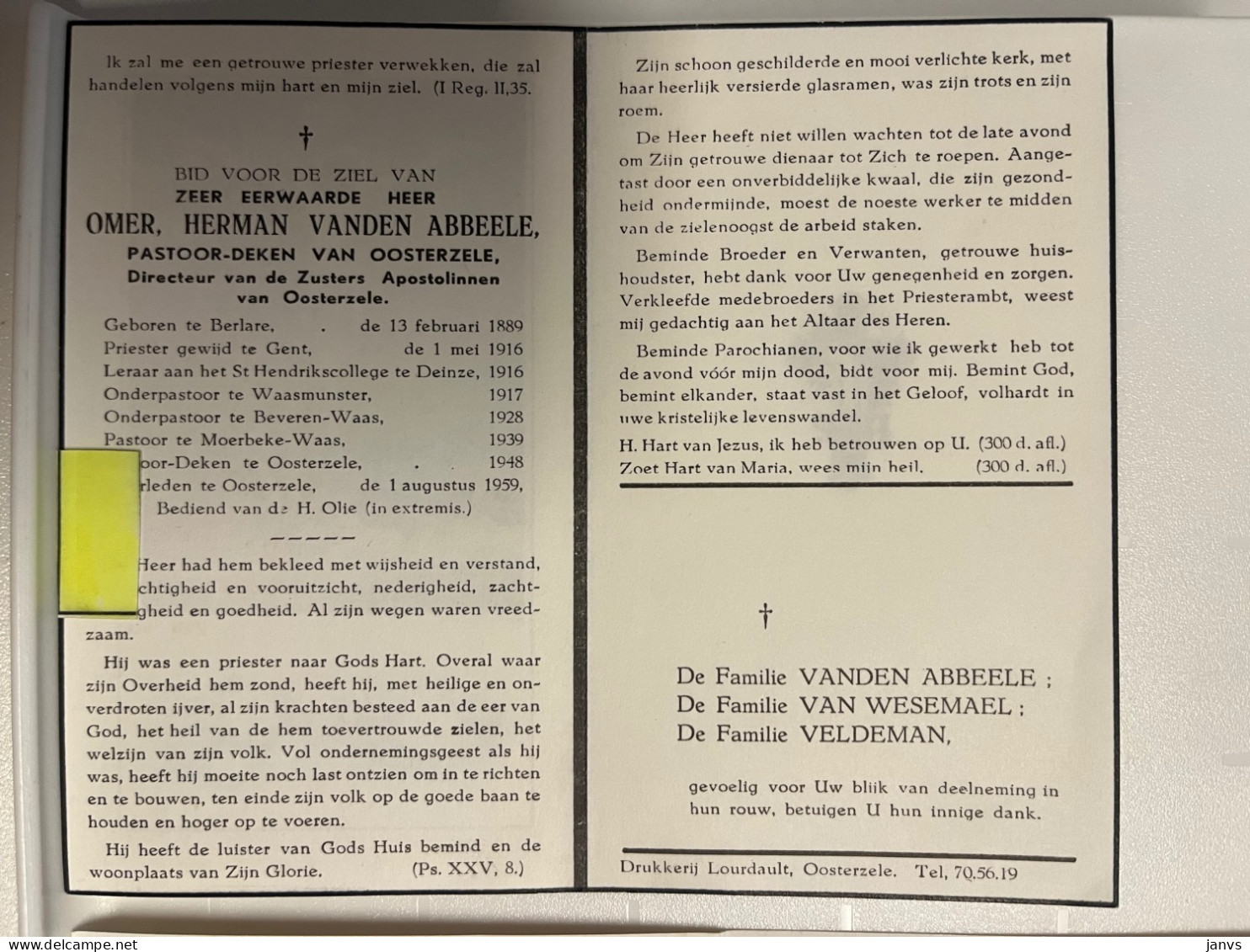 Devotie DP - Overlijden Priester Omer Vanden Abbeele - Berlare 1889 - Oosterzele 1959 - Waasmunster, Beveren-Waas - Avvisi Di Necrologio
