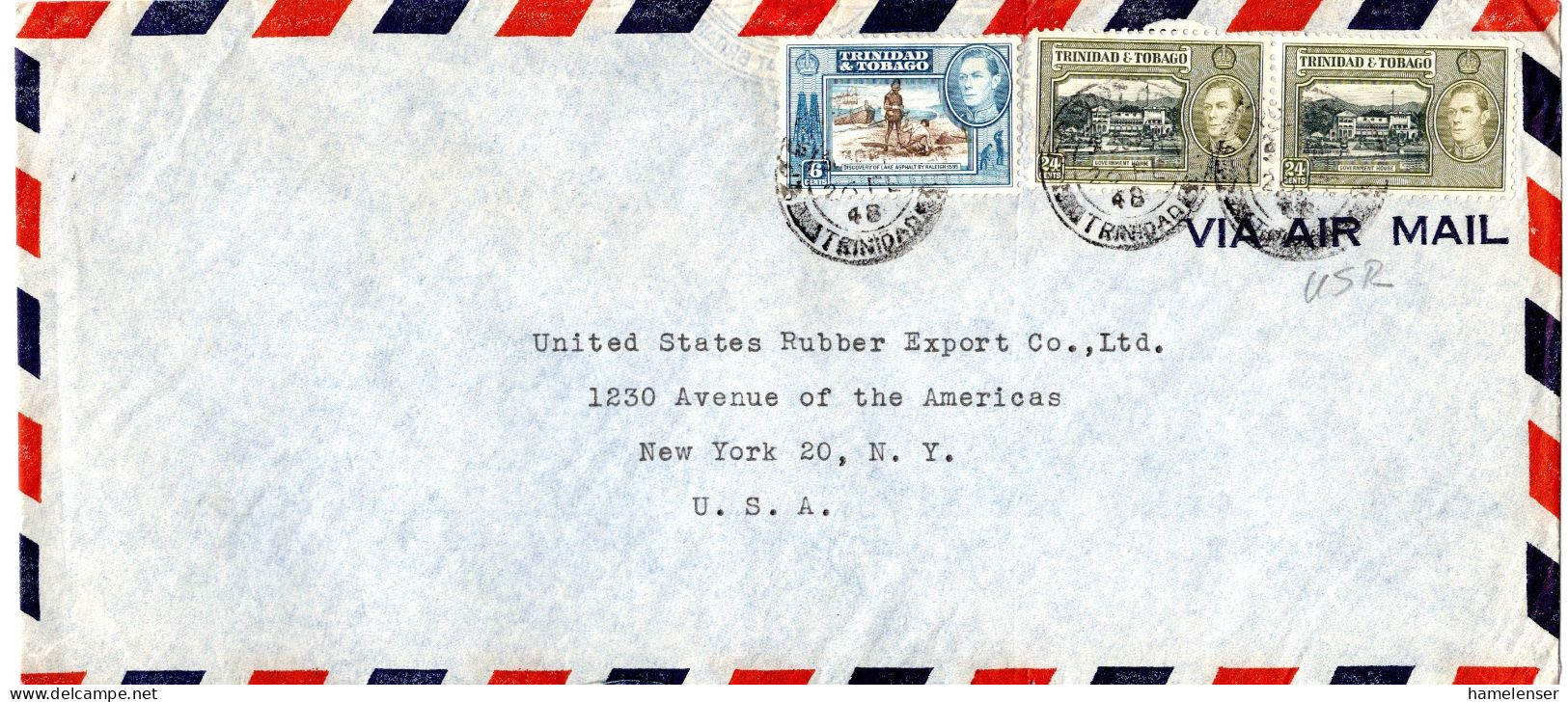 L77251 - Trinidad & Tobago - 1948 - 2@24c KGVI MiF A LpBf PORT OF SPAIN -> New York, NY (USA) - Trindad & Tobago (...-1961)