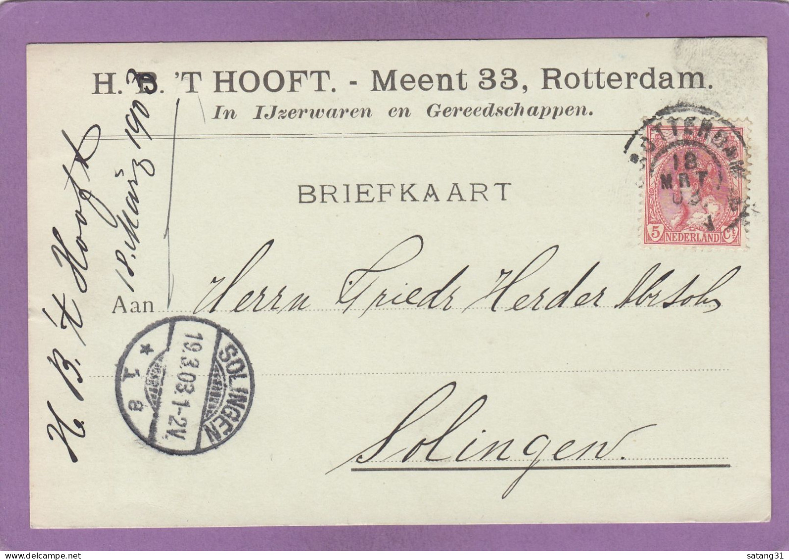 FIRMENKARTE AUS ROTTERDAM NACH SOLINGEN. - Lettres & Documents