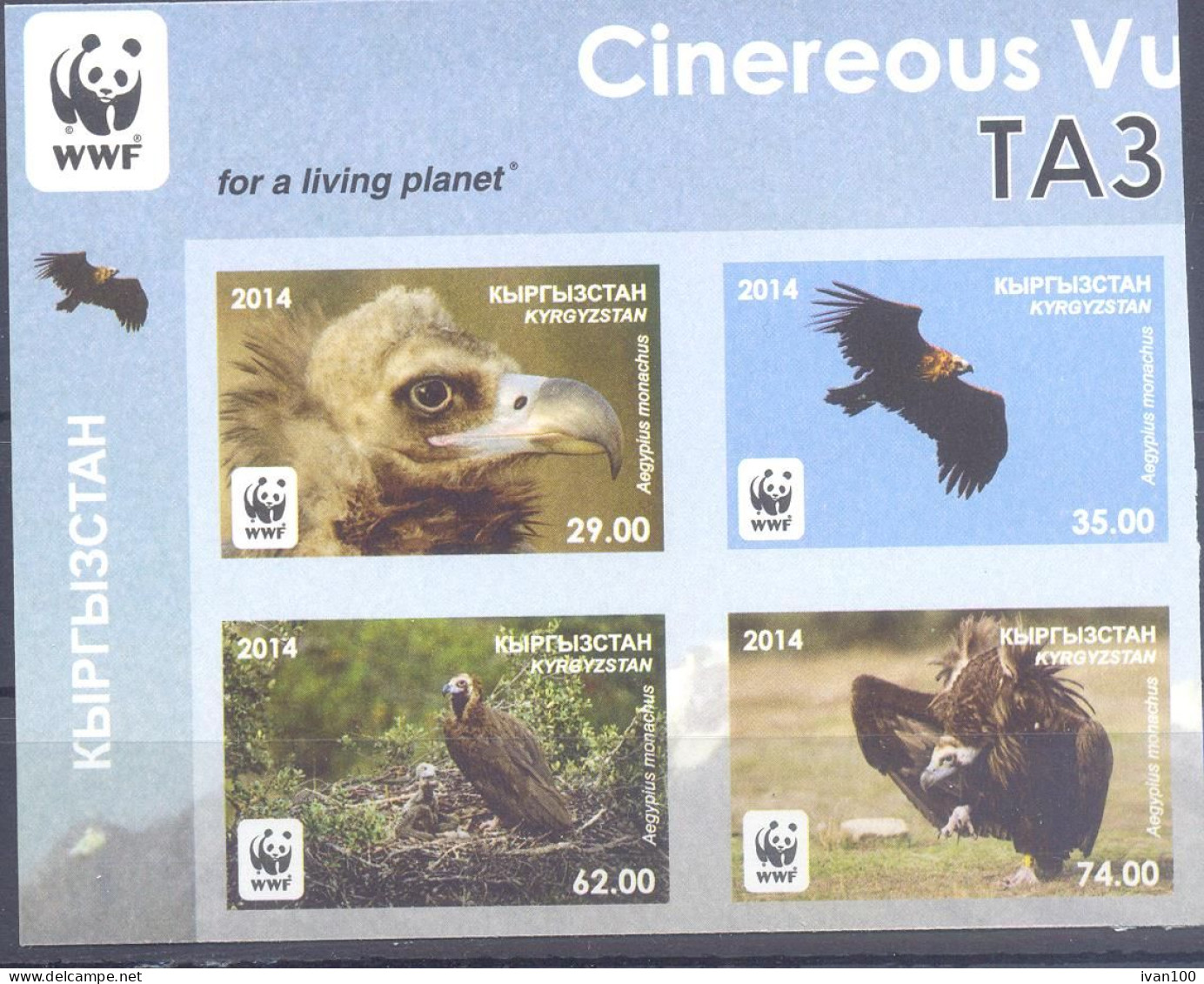 2014.  Kyrgyzstan, WWF, Cinereous Vulture,  4v Imperforated In Block, Mint/** - Kirghizistan